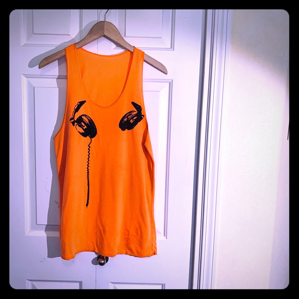 Cute Headphones Tank Black and Orange Medium